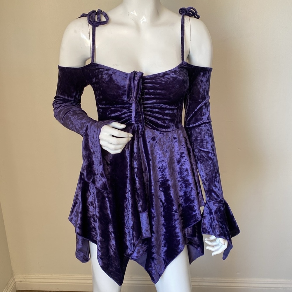 Dolls Kill Current Mood Fairy Handkerchief Mini Dress Purple Velvet Off Shoulder